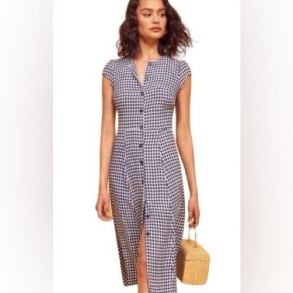 Reformation Gingham Fauna dress size 6 blue and white